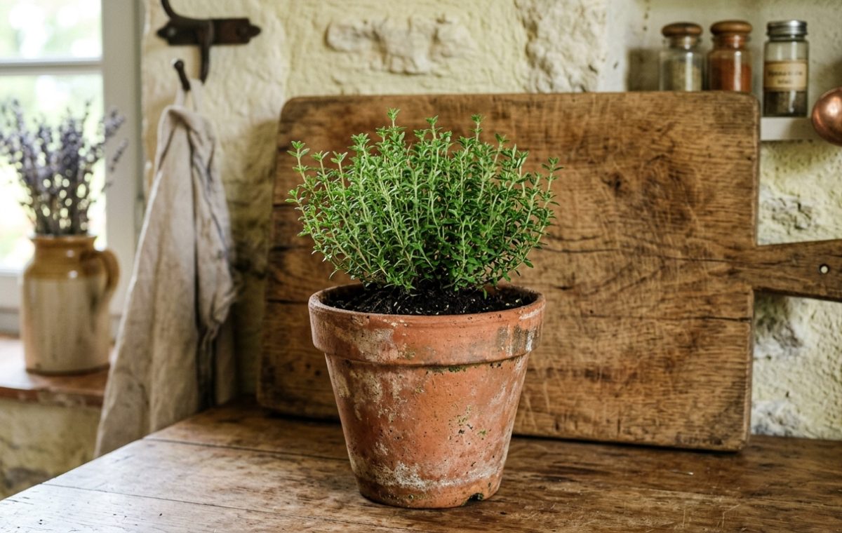 Potted green thyme herb plant on a rustic wooden kitchen counter next to a cutting board