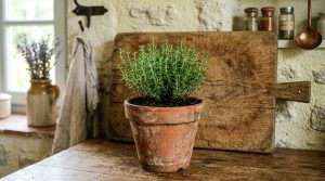 Potted green thyme herb plant on a rustic wooden kitchen counter next to a cutting board