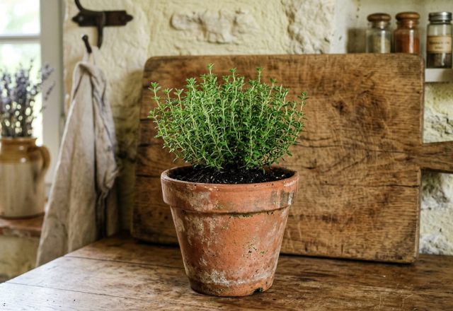 Potted green thyme herb plant on a rustic wooden kitchen counter next to a cutting board