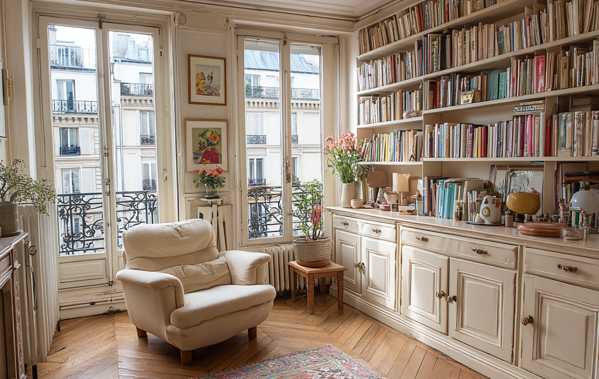 Bright historic living room featuring floor-to-ceiling builtin bookshelves, french windows, and a cozy cream armchair.