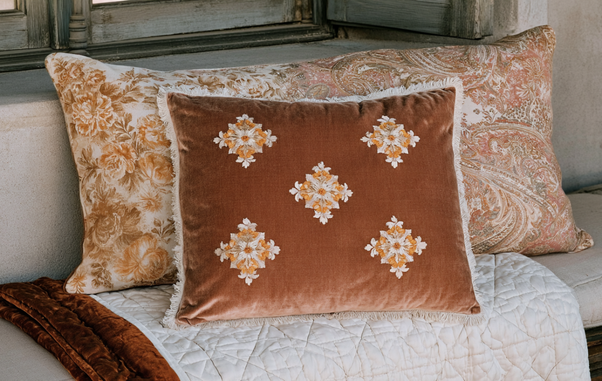 A collection of decorative throw pillows featuring velvet, floral, and paisley prints styled on a quilted neutral bench.
