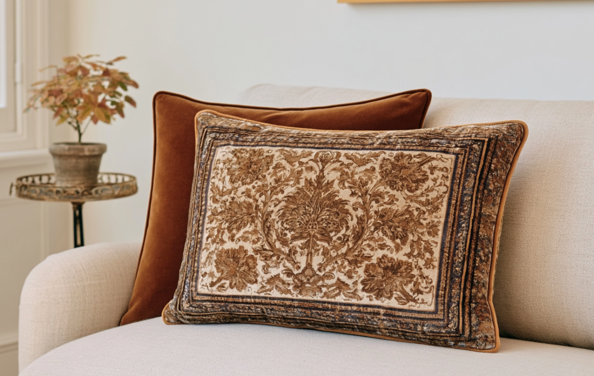 Decorative throw pillows in velvet and antique tapestry print styled on a light sofa