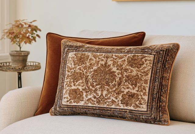 Decorative throw pillows in velvet and antique tapestry print styled on a light sofa