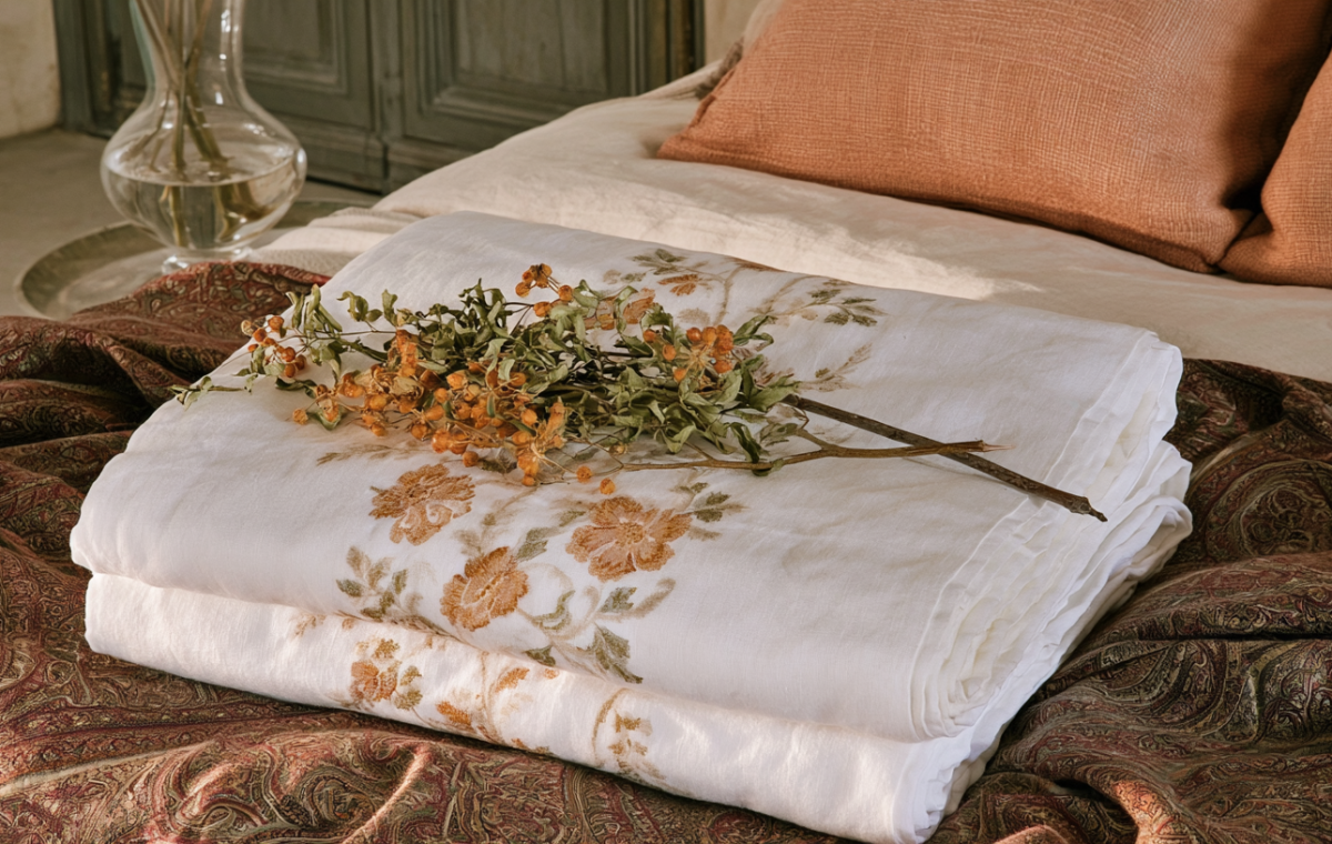 Layered linen bedding featuring botanical prints and terracotta pillows on a rustic bed
