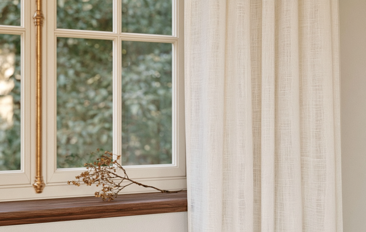 Textured linen curtains hanging next to a wooden windowsill with a dried botanical branch