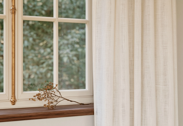 Textured linen curtains hanging next to a wooden windowsill with a dried botanical branch