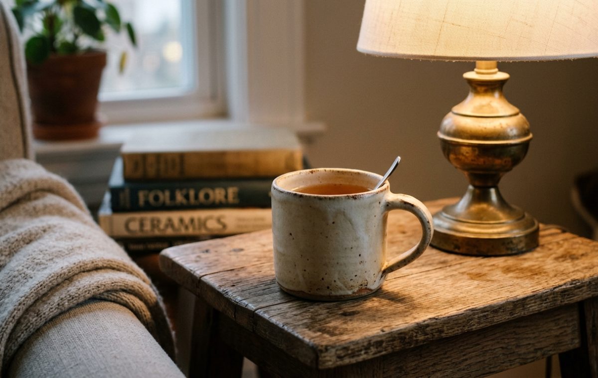 A cozy rustic reading corner featuring a warm table lamp, wooden stool, and a hot mug of tea.