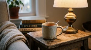A cozy rustic reading corner featuring a warm table lamp, wooden stool, and a hot mug of tea.