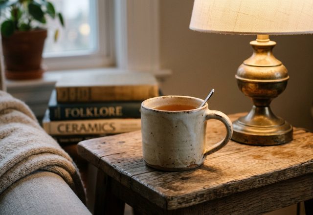 A cozy rustic reading corner featuring a warm table lamp, wooden stool, and a hot mug of tea.