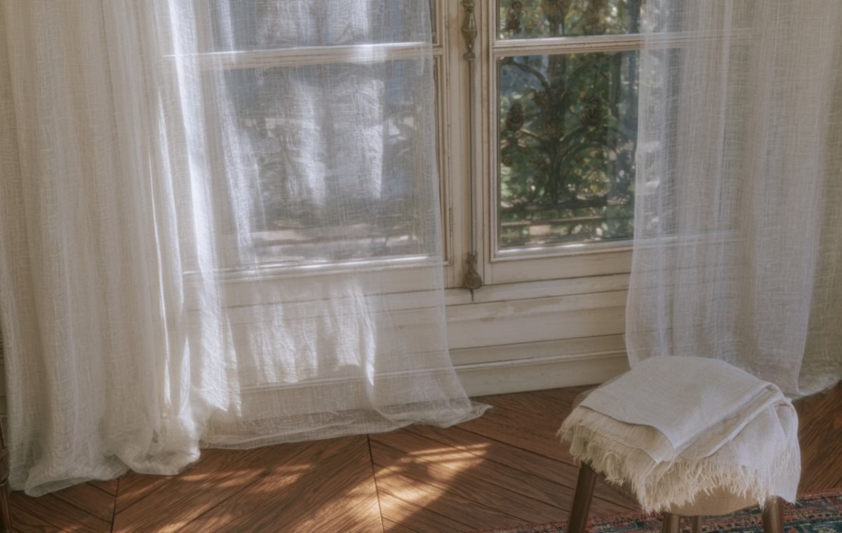 Sheer linen curtains diffusing bright natural light in a living room with herringbone wood floors and a vintage window