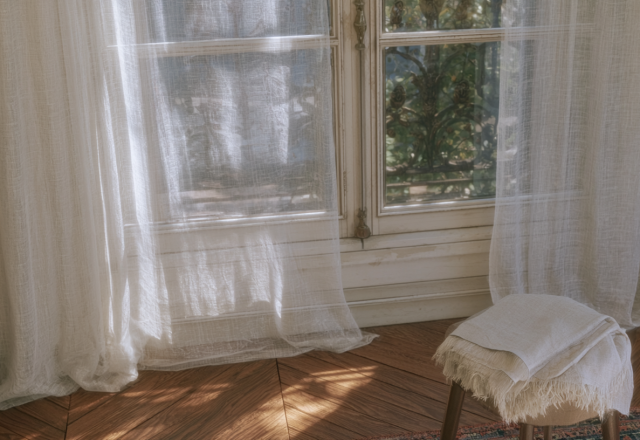 Sheer linen curtains diffusing bright natural light in a living room with herringbone wood floors and a vintage window