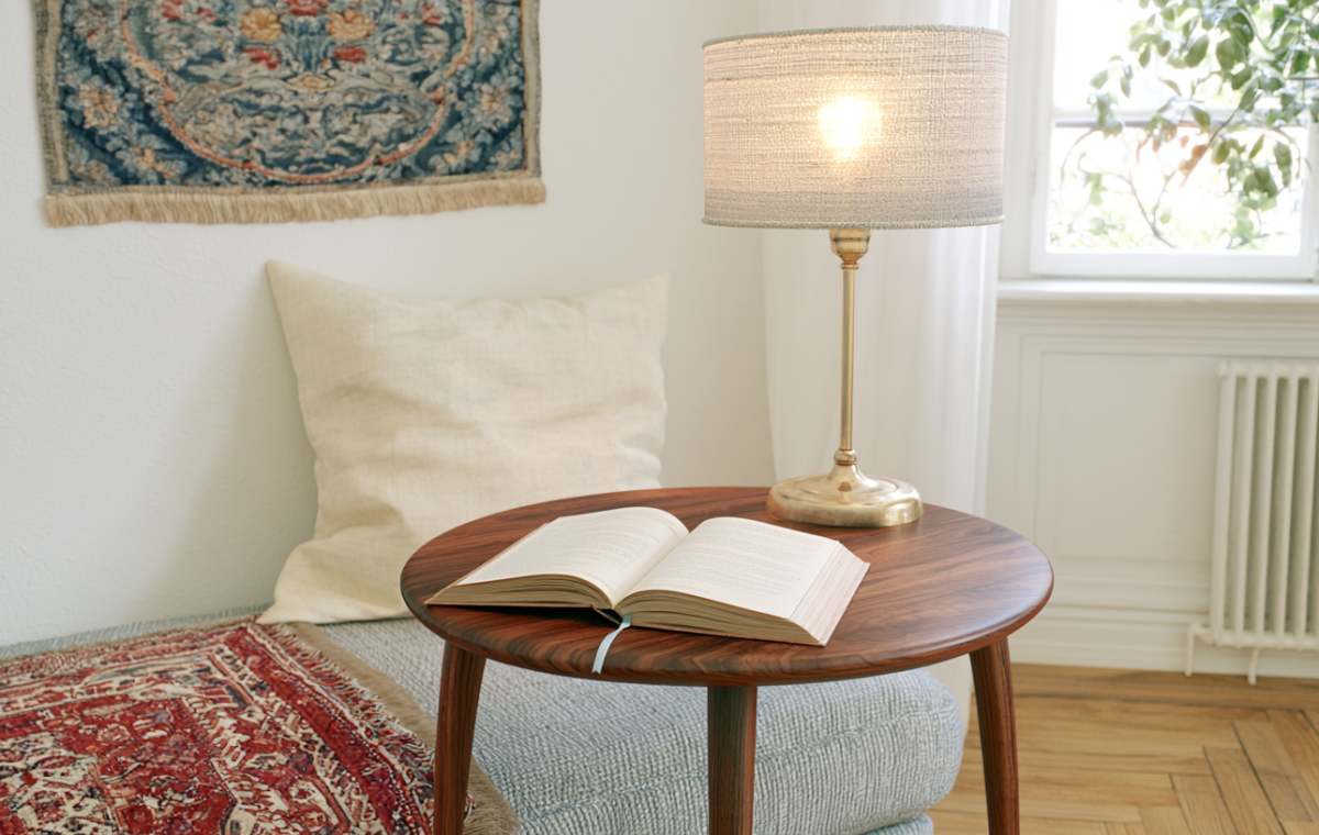 Cozy reading nook lighting featuring a fabric table lamp and open book on a wooden table