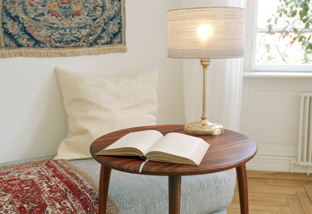 Cozy reading nook lighting featuring a fabric table lamp and open book on a wooden table