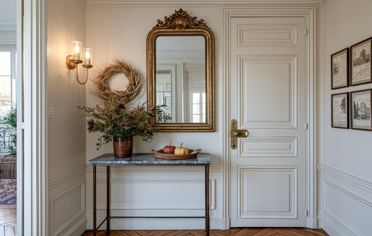 Elegant fall entryway decor featuring a marble console table with mini pumpkins, a wheat wreath, and a vintage gilded mirror.