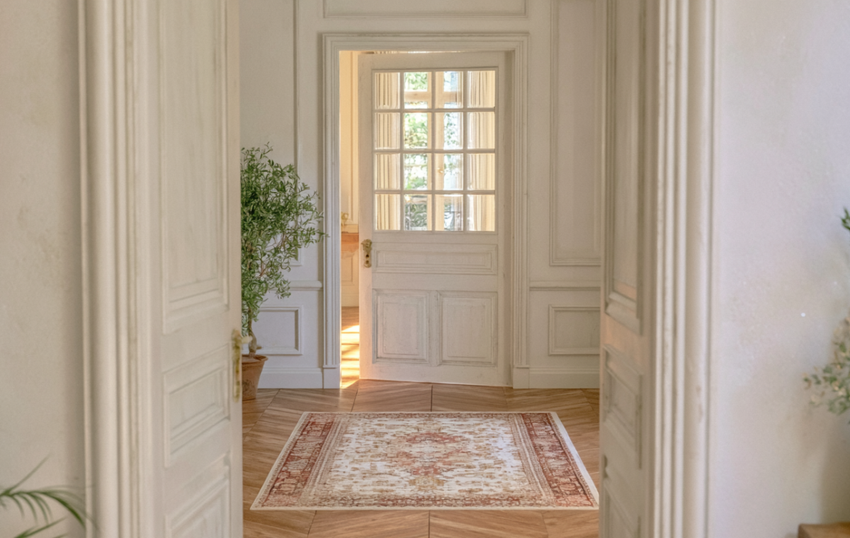Bright interior hallway featuring chevron wood flooring, a vintage runner rug, and classic white paneled doors.