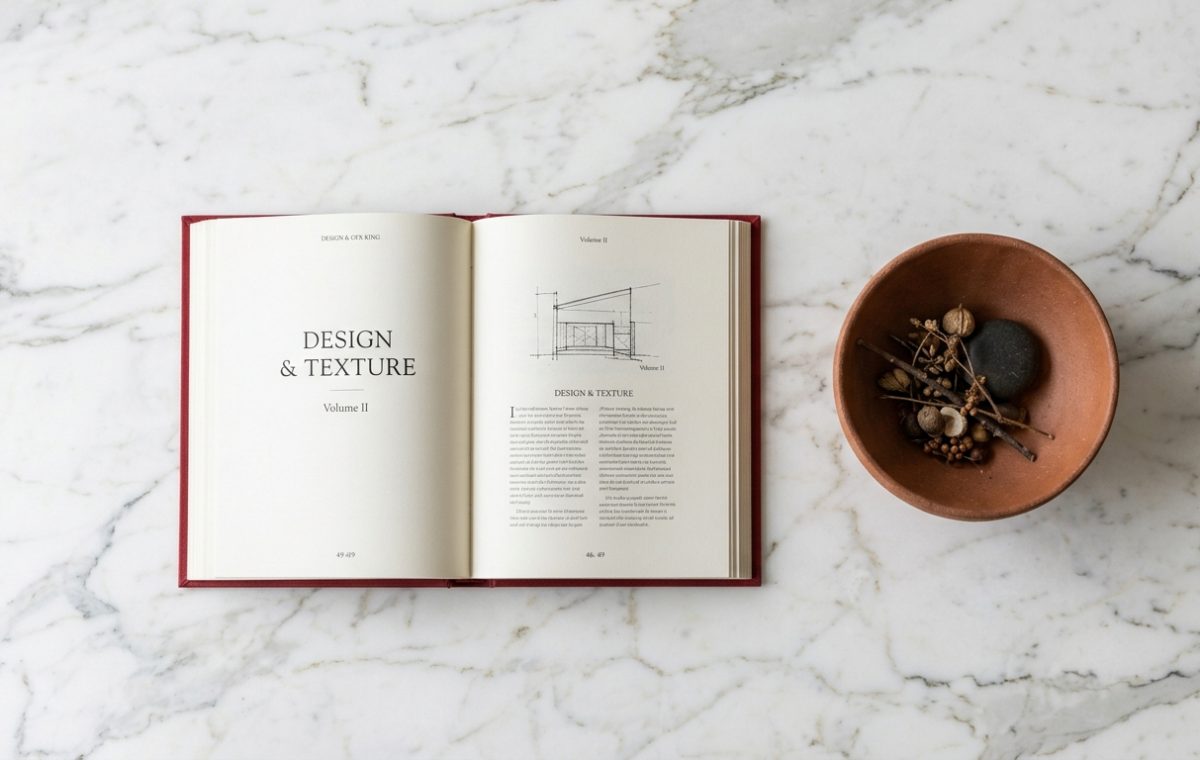 Open interior design book and terracotta bowl with dried pods on a marble surface.