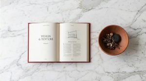 Open interior design book and terracotta bowl with dried pods on a marble surface.