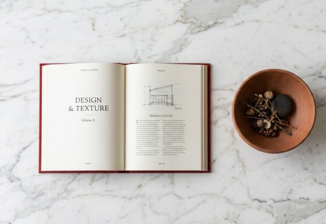 Open interior design book and terracotta bowl with dried pods on a marble surface.