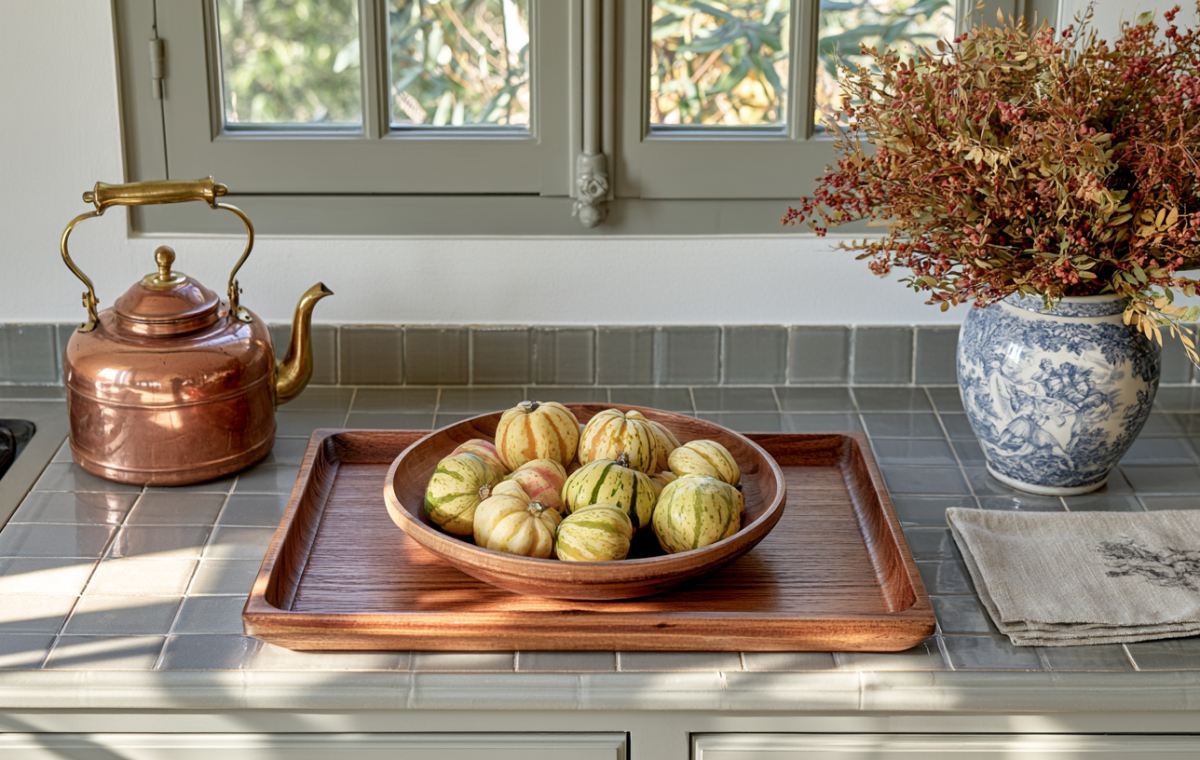 Kitchen seasonal decor featuring a wooden tray with small gourds, a copper kettle, and dried botanicals on a tiled countertop.