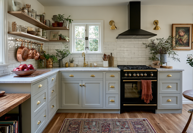 L-shaped kitchen design featuring muted green cabinets, open wooden shelving, and a black range stove.