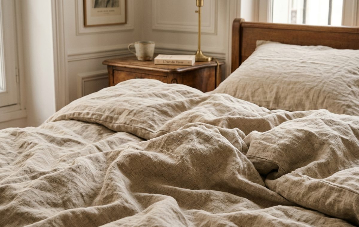 A cozy master bedroom featuring rumpled neutral linen bedding and a wooden headboard.