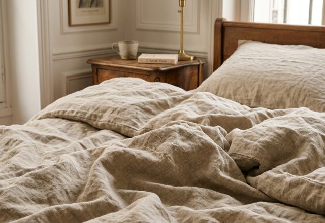 A cozy master bedroom featuring rumpled neutral linen bedding and a wooden headboard.