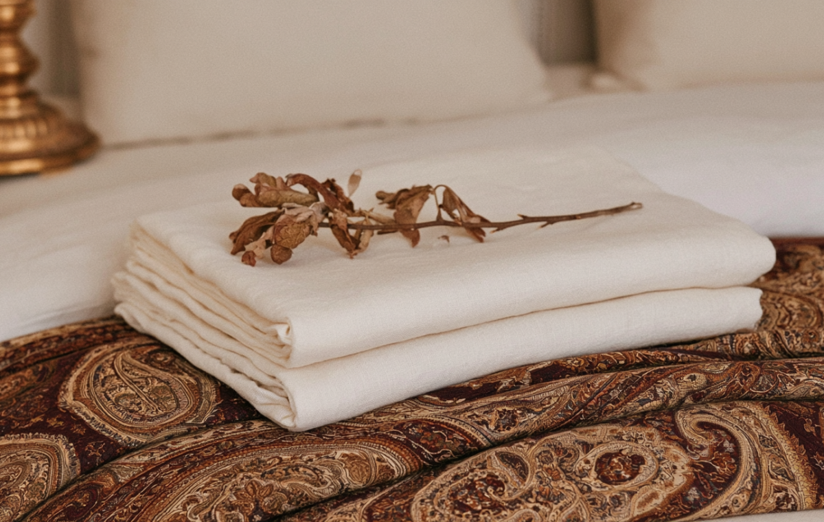 Neutral linen bedding stacked on a patterned quilt with a dried botanical stem on top.