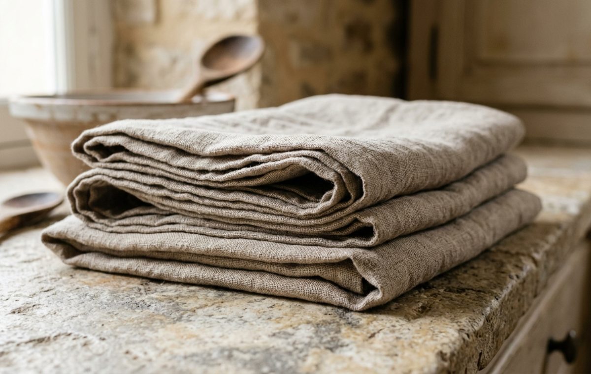 A neatly folded stack of neutral linen kitchen towels resting on a rustic stone countertop next to wooden cooking spoons.