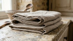 A neatly folded stack of neutral linen kitchen towels resting on a rustic stone countertop next to wooden cooking spoons.
