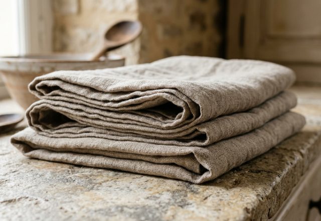 A neatly folded stack of neutral linen kitchen towels resting on a rustic stone countertop next to wooden cooking spoons.