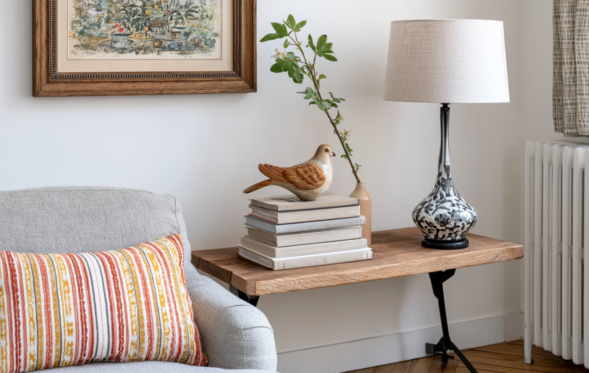 A cozy living room accent table styled with a ceramic lamp, books, and a carved wooden bird near a radiator.