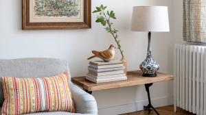 A cozy living room accent table styled with a ceramic lamp, books, and a carved wooden bird near a radiator.