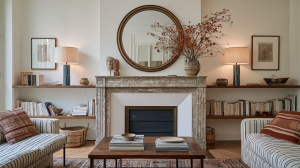 Elegant living room fireplace design featuring a stone mantel, round mirror, built-in bookshelves, and striped sofas.
