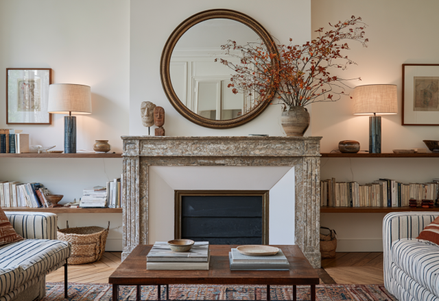 Elegant living room fireplace design featuring a stone mantel, round mirror, built-in bookshelves, and striped sofas.