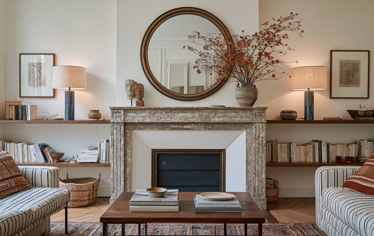 Cozy living room fireplace mantel decor featuring an antique marble surround, round mirror, and built-in bookshelves