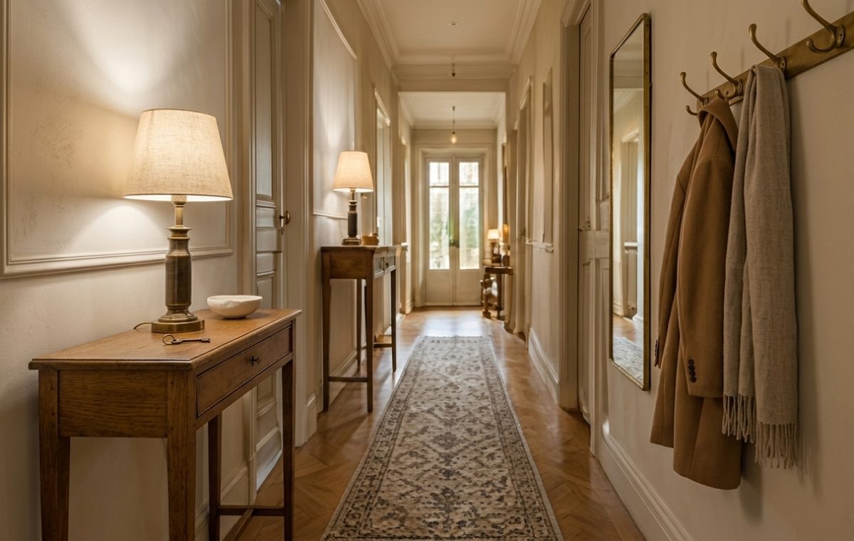 Classic long narrow hallway ideas featuring parquet floors, runner rug, console tables, and warm lamps.
