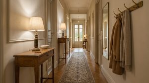 Classic long narrow hallway ideas featuring parquet floors, runner rug, console tables, and warm lamps.