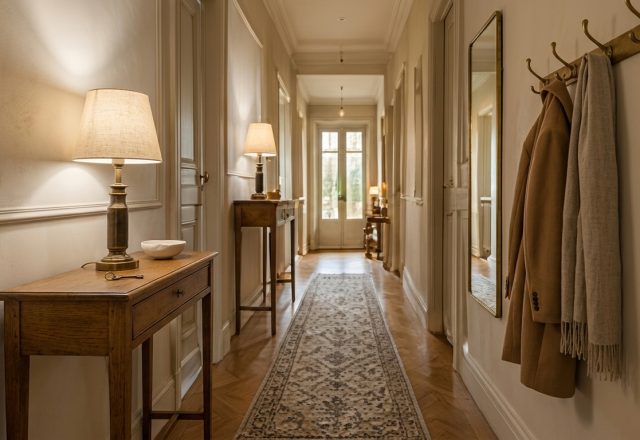 Classic long narrow hallway ideas featuring parquet floors, runner rug, console tables, and warm lamps.