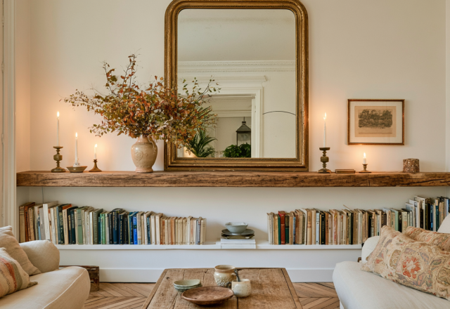 Low profile living room seating with floating wooden shelf and antique mirror
