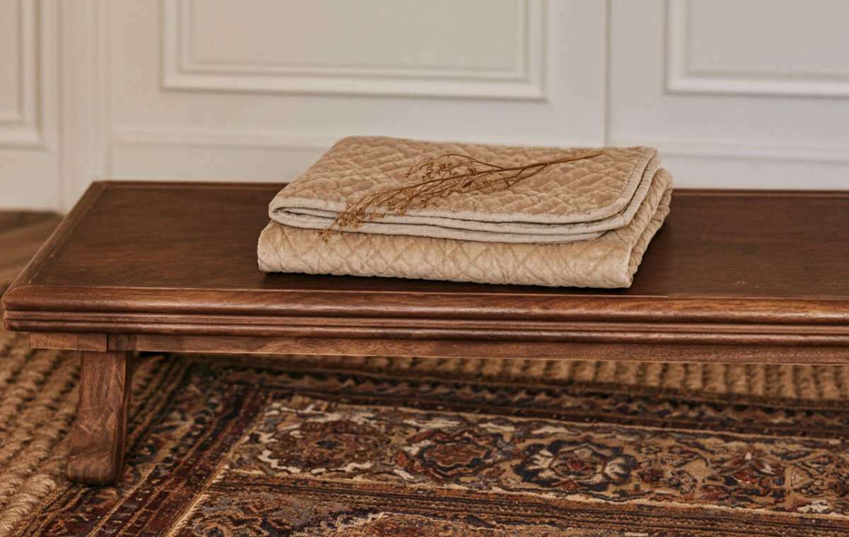 Low wooden coffee table styled with a quilted neutral blanket and dried botanical sprig over a vintage rug.