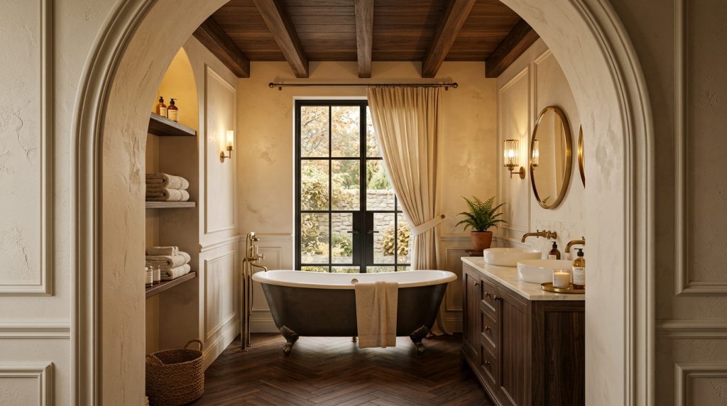 Luxury Bathroom Design Warm Tones Historic Textures