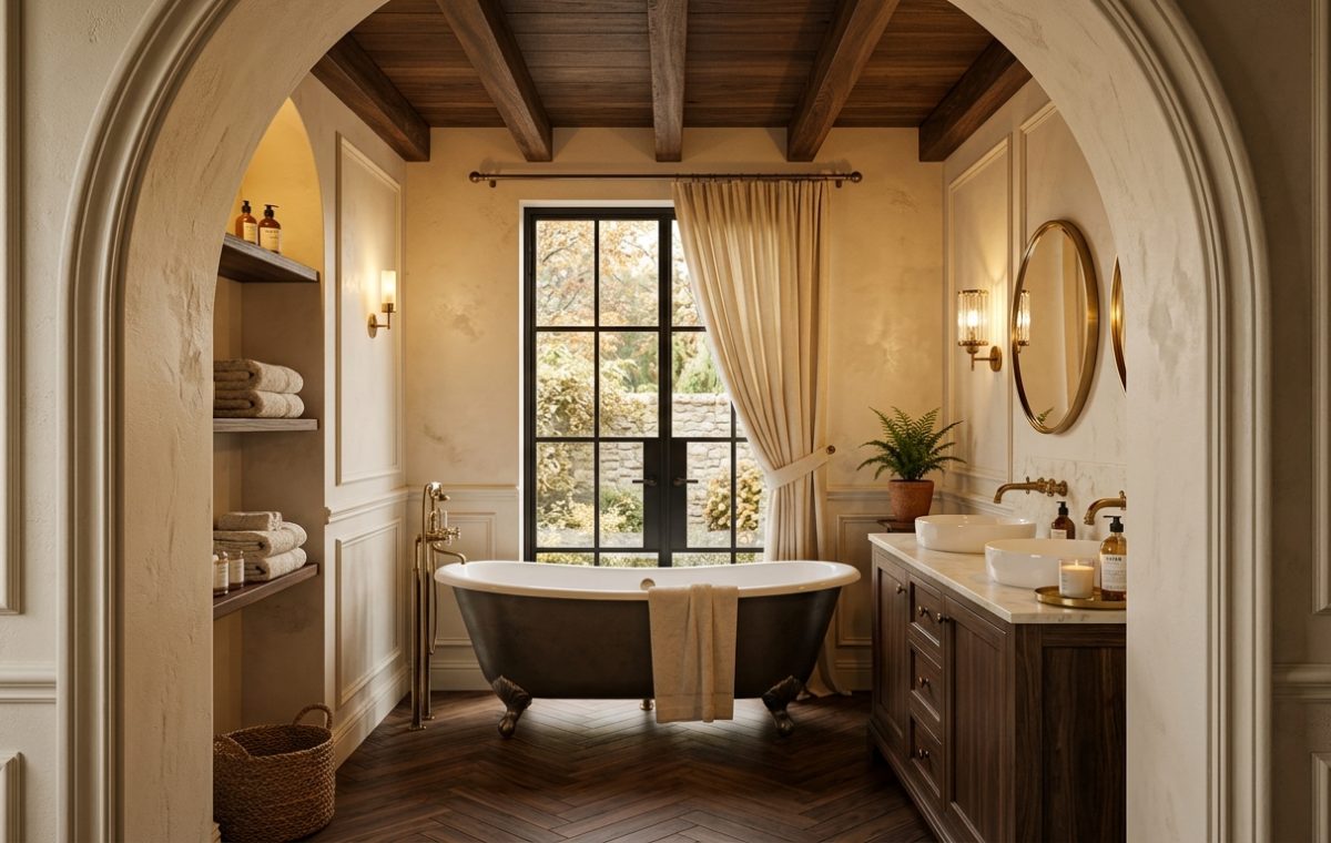Luxury bathroom design featuring dark clawfoot tub, wood beams, herringbone floors, and brass fixtures viewed through an arched doorway