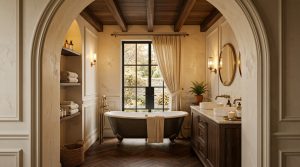 Luxury bathroom design featuring dark clawfoot tub, wood beams, herringbone floors, and brass fixtures viewed through an arched doorway