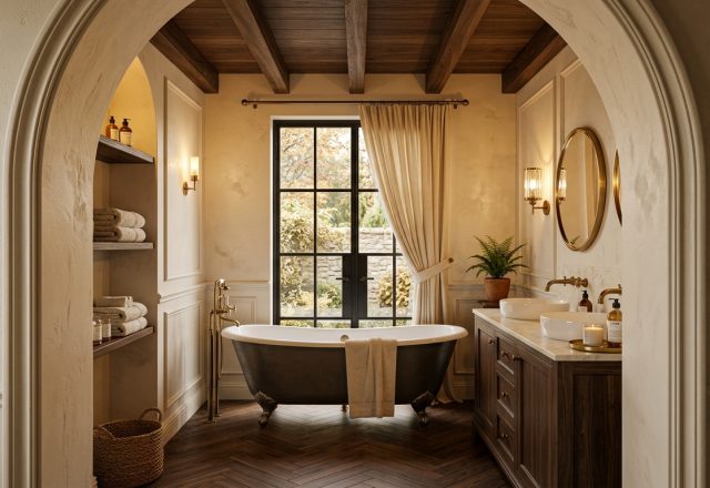 Luxury bathroom design featuring dark clawfoot tub, wood beams, herringbone floors, and brass fixtures viewed through an arched doorway