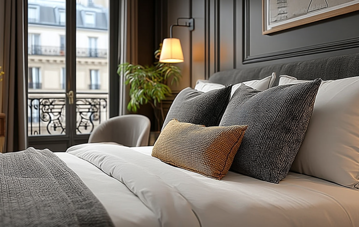 Luxury bedroom styling featuring neutral layered bedding, dark walls, and French balcony windows.