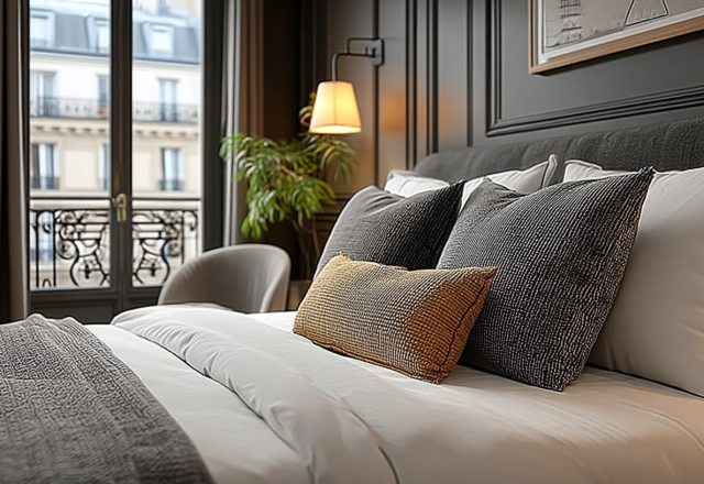 Luxury bedroom styling featuring neutral layered bedding, dark walls, and French balcony windows.