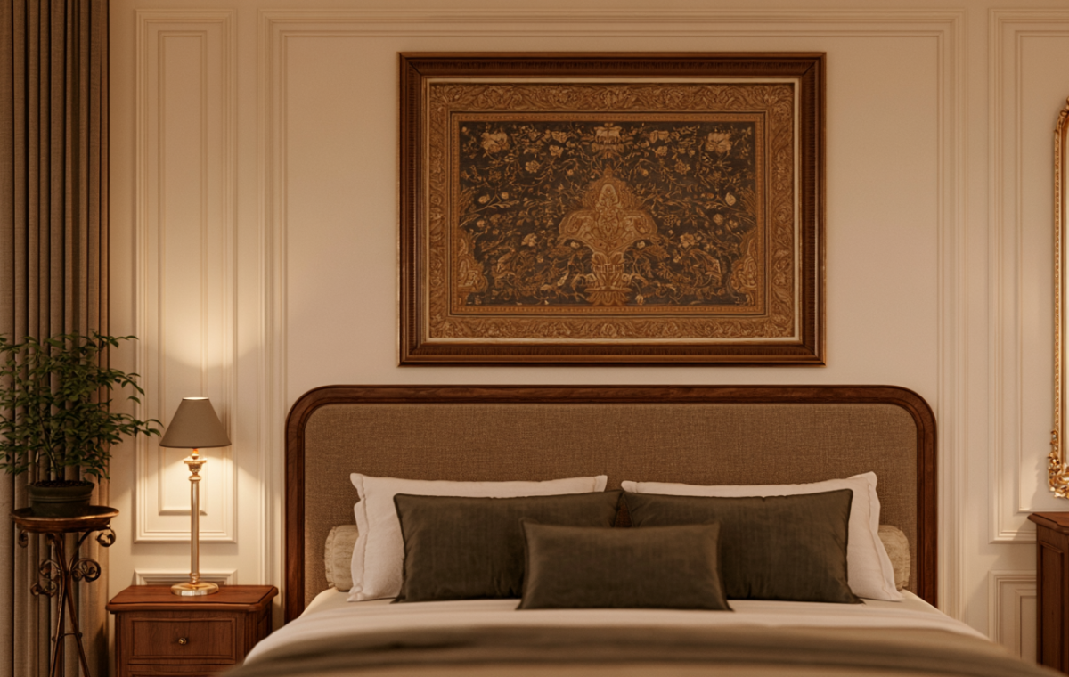 Luxury master bedroom decor featuring vintage artwork, wall molding, and warm bedside lighting.