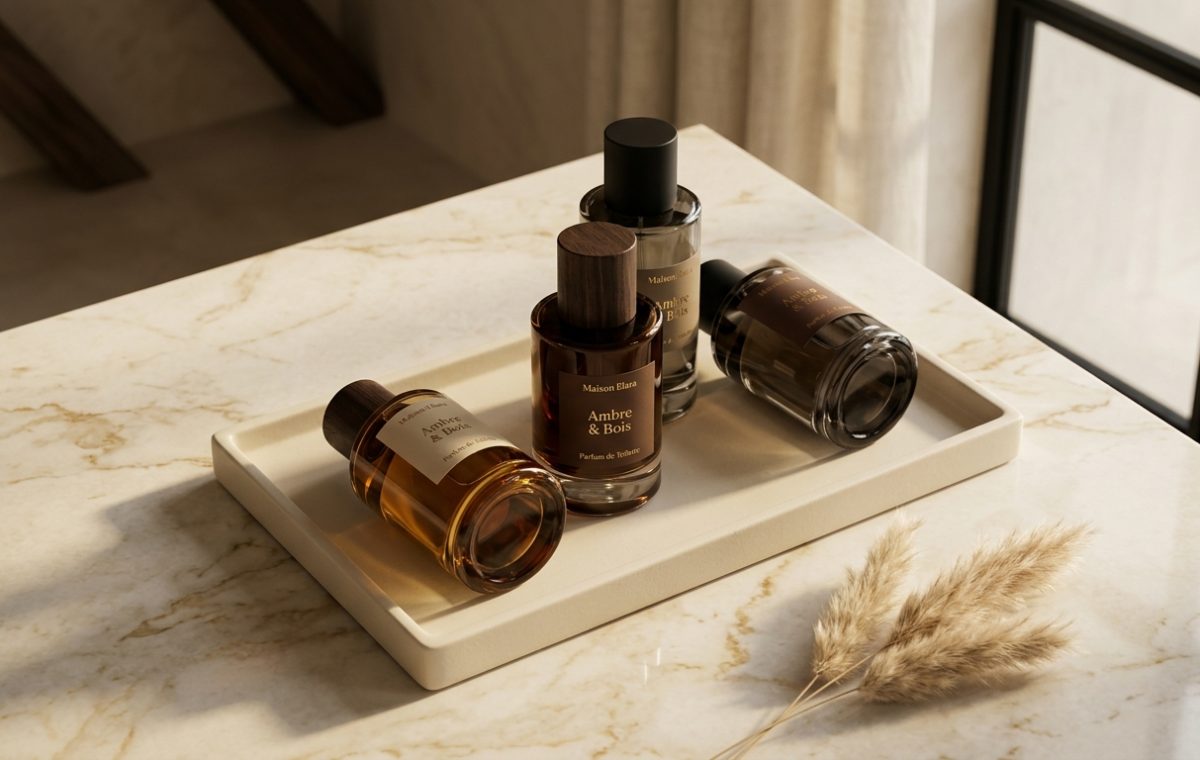 Luxury perfume tray styling with amber glass bottles on a marble vanity near a window.