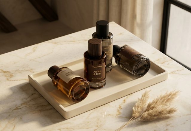 Luxury perfume tray styling with amber glass bottles on a marble vanity near a window.