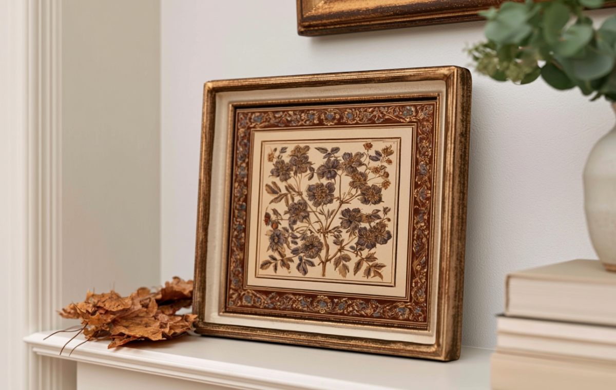 Mantel decor ideas featuring a framed botanical art piece, dried leaves, neutral books, and a ceramic vase with eucalyptus.